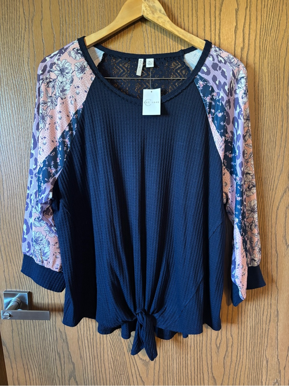 Cato Navy Waffle-Knit Top with Pink Floral Raglan Sleeves